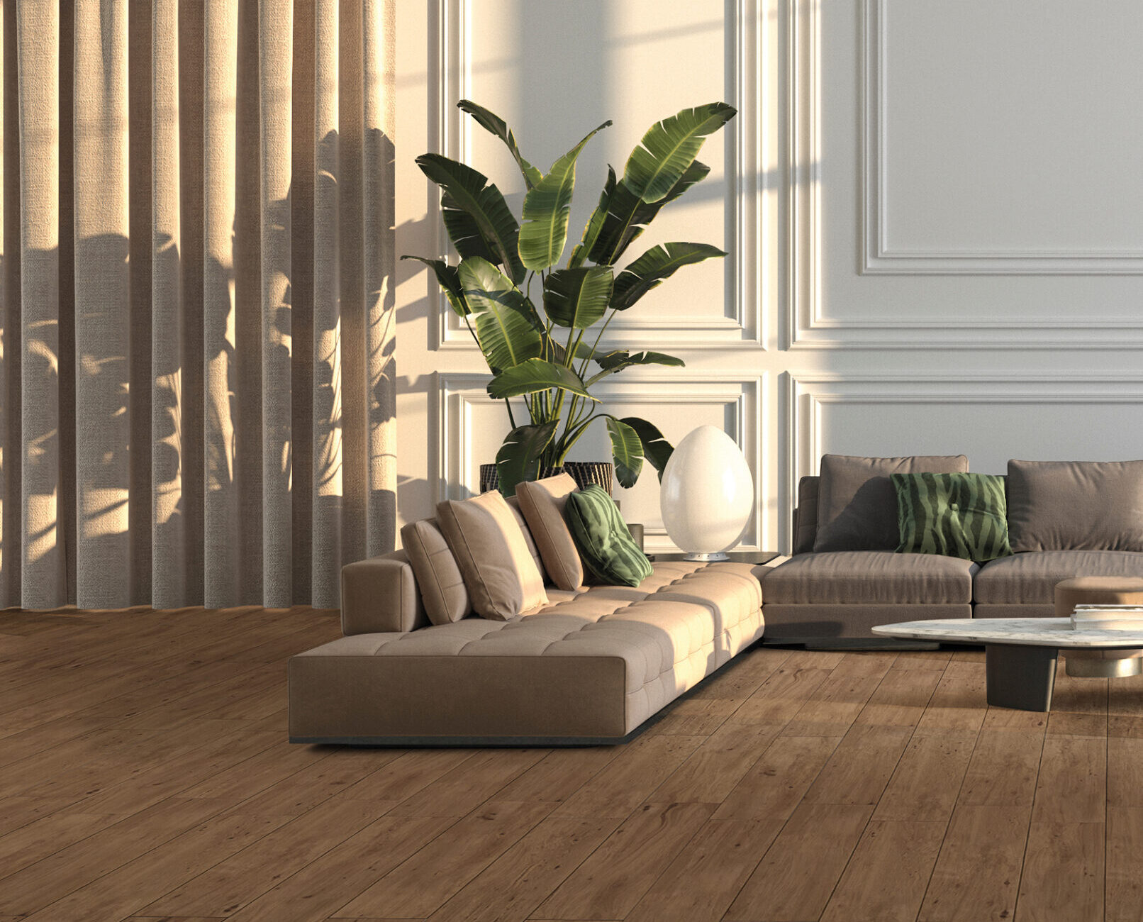 Modern luxury interior background with panoramic windows and nature view, plants, classic panels wall mock up. Beige design living room with large white classic windows. 3d rendering illustration.